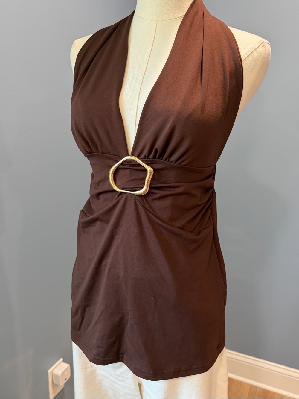 Y2K Brown Halter Going Out Top Small Gold Ring Stretch Clubwear 2000s - Picture 2 of 6